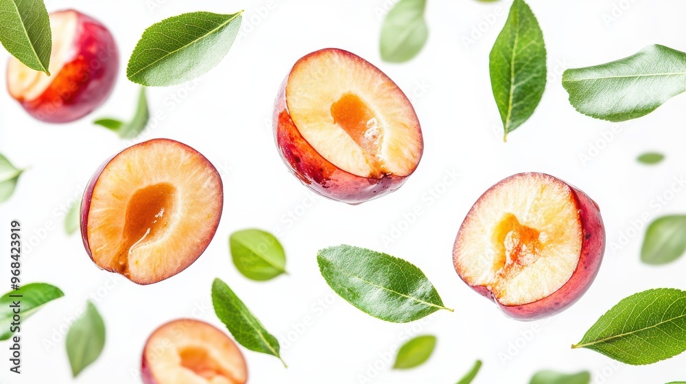 Sloe with half slices falling or floating in the air with green leaves isolated on a white background. Sloe with half slices falling or floating in the air with green leaves isolated on a white background.