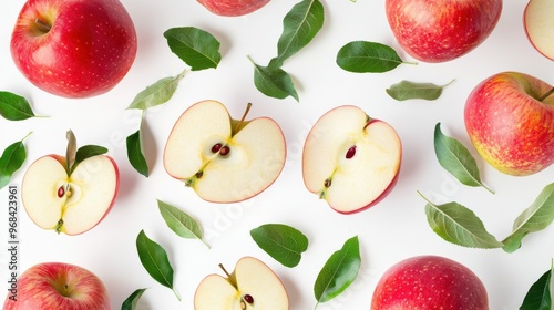 Sorb Apple with half slices falling or floating in the air with green leaves isolated on a white background.