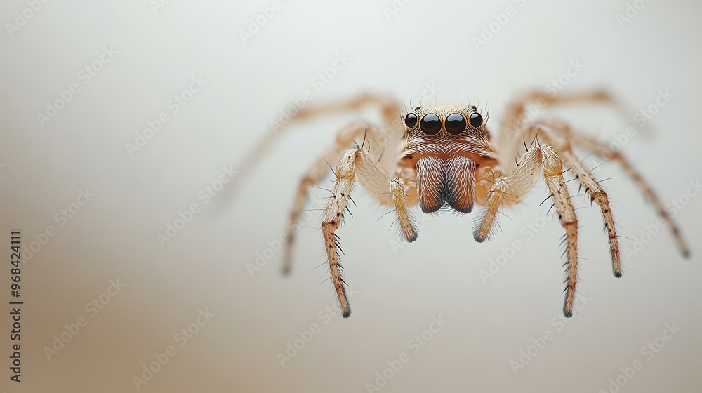 Spider hanging from a single thread on a white background, minimalist composition Spider hanging from a single thread on a white background, minimalist composition
