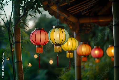 Photo of Glowing Chinese Lanterns in a Bamboo Forest