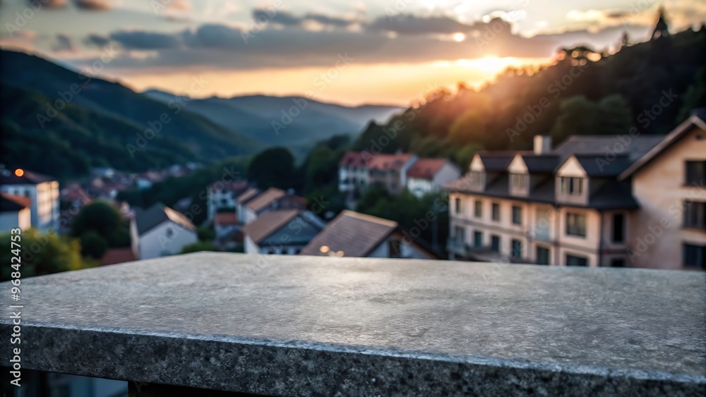 Fototapeta premium Empty stone or marble tabletop or counter with display product with blured city, town, outdoor background.