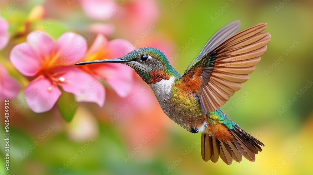 Fototapeta premium Vibrant hummingbird hovering in mid-air on a white background, wings blurred