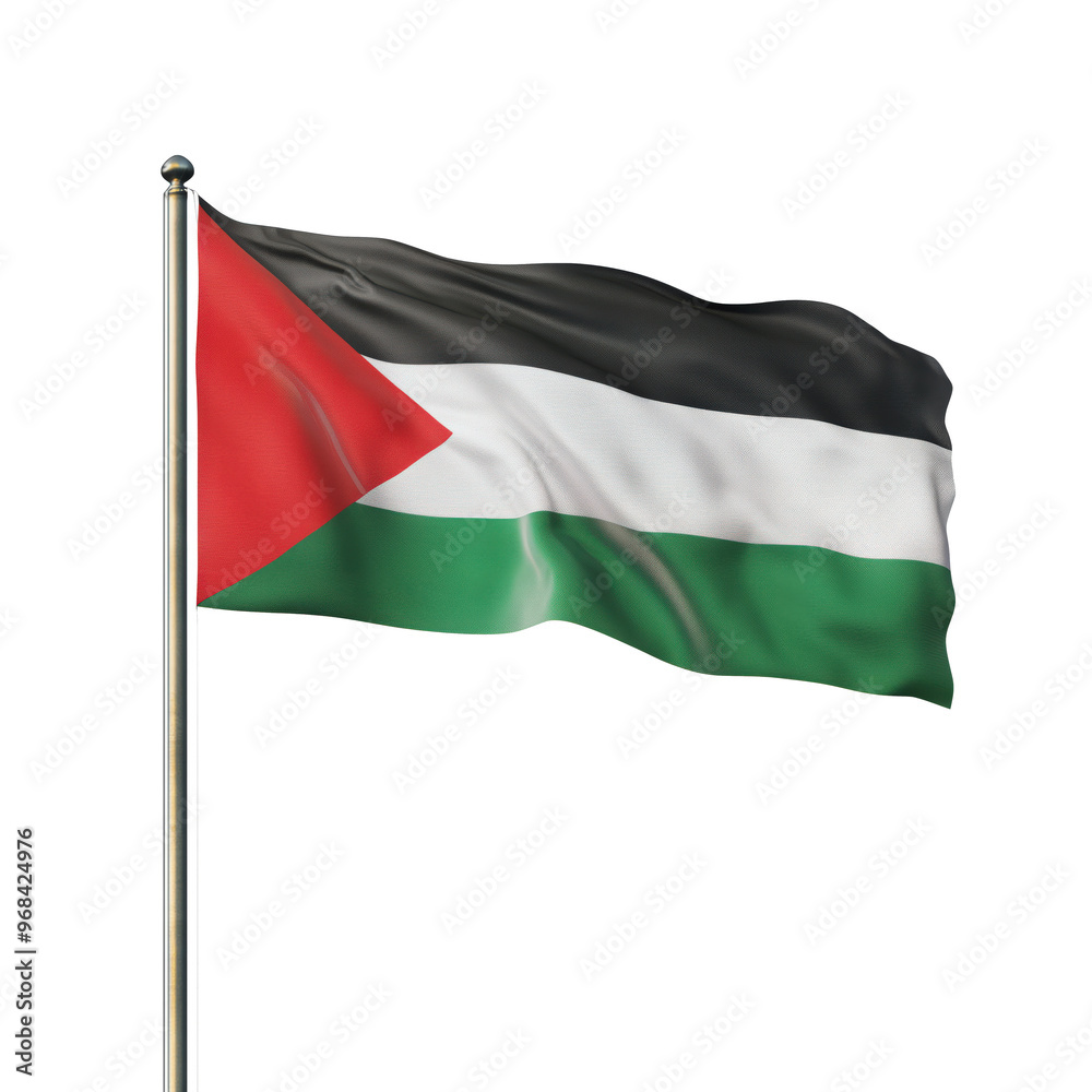 A detailed 3D rendering of the Palestine flag on a flagpole, gently waving with a transparent background for versatile use A detailed 3D rendering of the Palestine flag on a flagpole, gently waving with a transparent background for versatile use