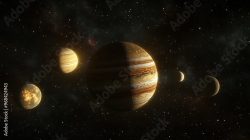 Majestic Jupiter Surrounded by Other Planets, Stars, and Cosmic Elements, Creating a Stunning Celestial Scene in Space. Perfect for Astronomical and Space-Themed Illustrations