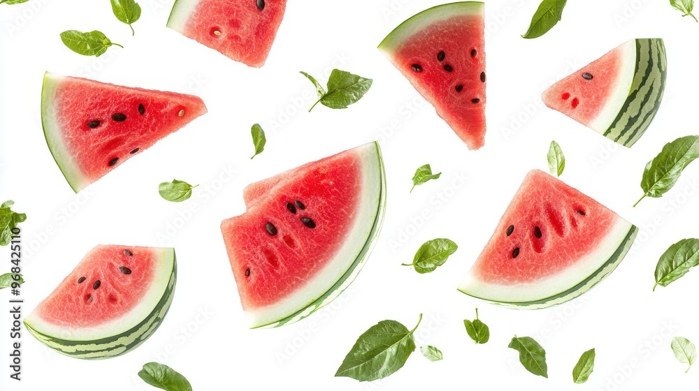 Watermelon with half slices falling or floating in the air with green leaves isolated on a white background. Watermelon with half slices falling or floating in the air with green leaves isolated on a white background.