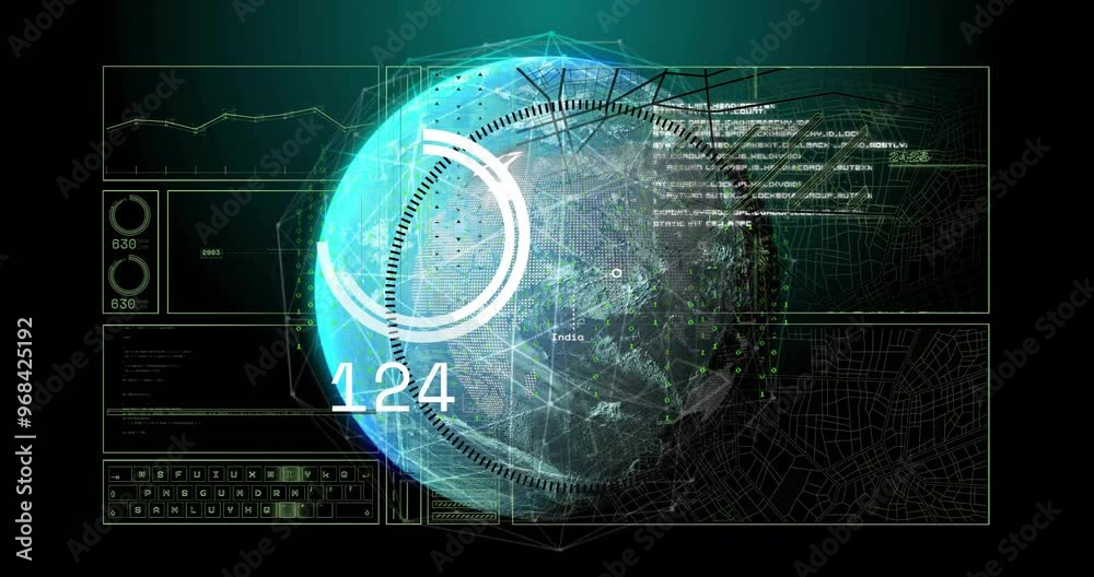 Animation of data processing and diagrams over globe
