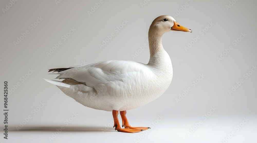 White duck with pristine feathers standing calmly against a white background White duck with pristine feathers standing calmly against a white background