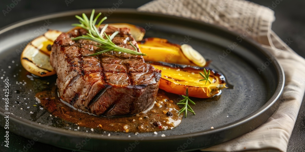 Contemporary Dry Aged Wagyu Roast Beef Pepper Steak Accompanied by Fennel and Eggplant in a Pepper Cream Sauce Served on an Elegant Plate Contemporary Dry Aged Wagyu Roast Beef Pepper Steak Accompanied by Fennel and Eggplant in a Pepper Cream Sauce Served on an Elegant Plate