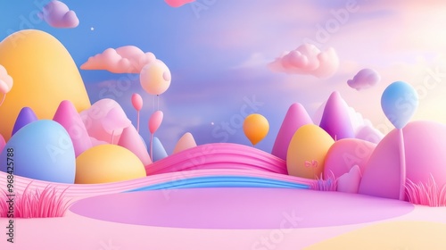 Empty 3D cartoon background for kids, colorful landscape, vibrant and playful setting