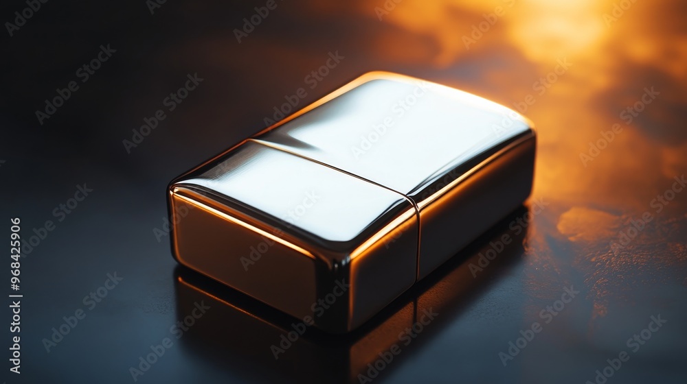 Metallic lighter on dark reflective surface, close Metallic lighter on dark reflective surface, close