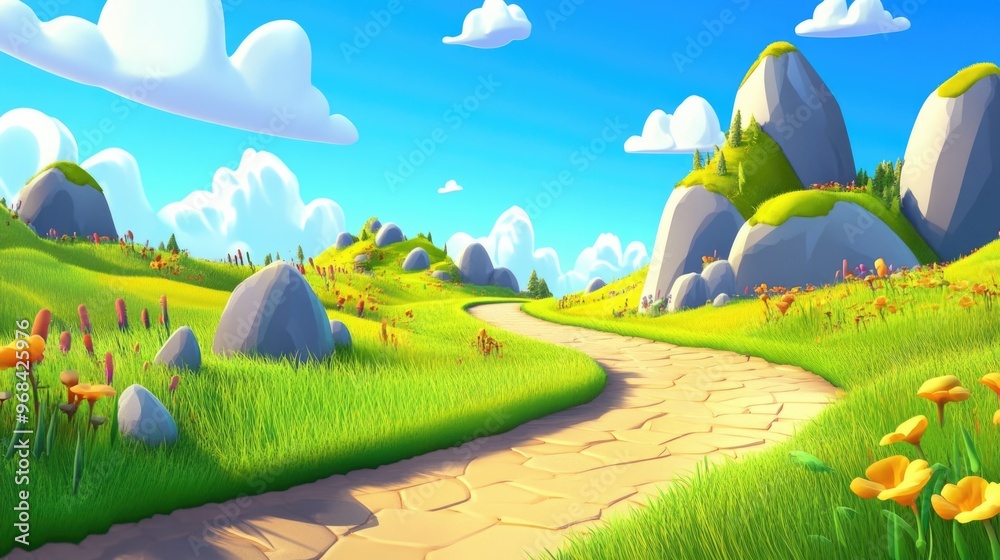 Naklejka premium Empty 3D cartoon background for kids, colorful landscape, vibrant and playful setting