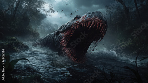 A horrific infected beast emerging from the water, its skin peeling off in chunks, sharp fangs dripping with toxic saliva as it crawls toward the shore.