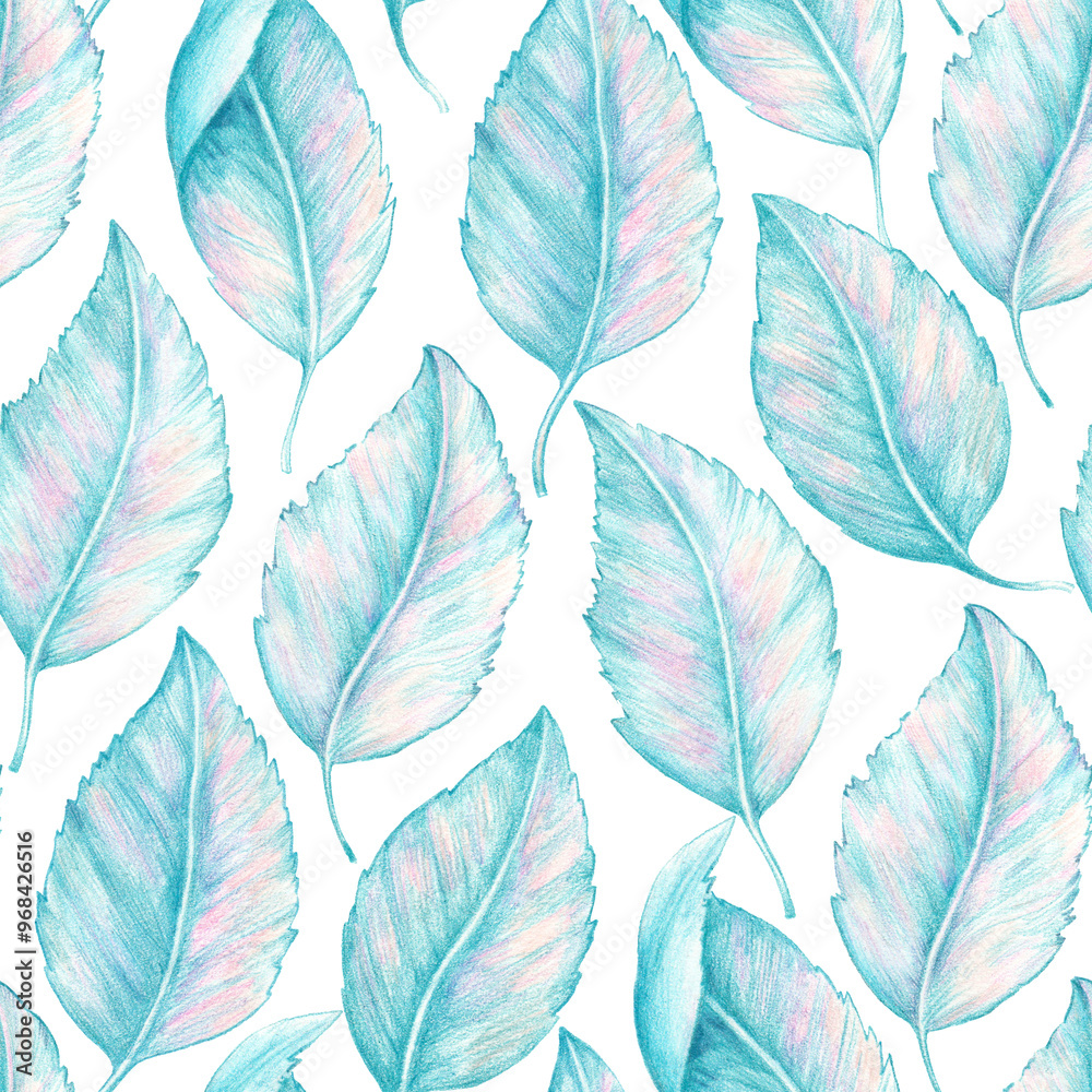 Seamless pattern with hand-drawn blue abstract leaves in various position for textile and wallpaper Seamless pattern with hand-drawn blue abstract leaves in various position for textile and wallpaper