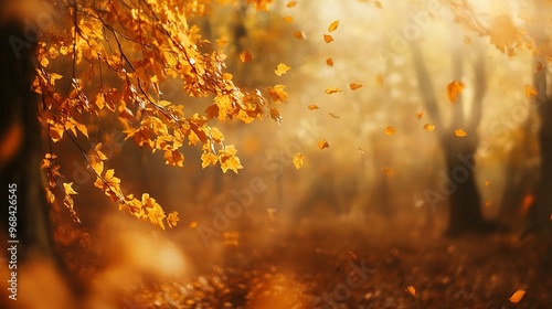 Golden Leaves Falling from a Branch in an Autumn Forest