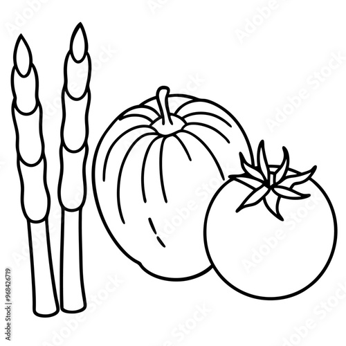 tomatoes asparagus green beans vegetables outline coloring book page line art illustration digital drawing