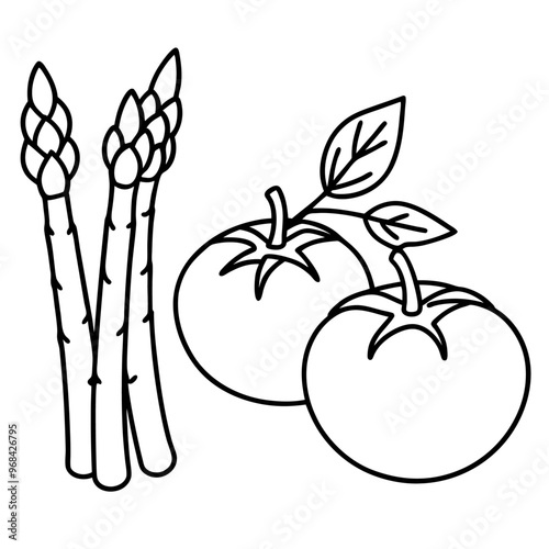tomatoes asparagus green beans vegetables outline coloring book page line art illustration digital drawing