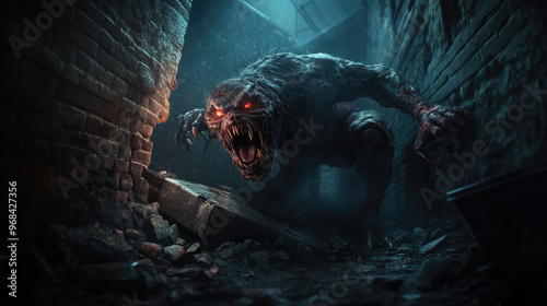 A terrifying infected beast crawling up a crumbling wall, its limbs twisted and elongated, sharp fangs bared as it glares down at the viewer from the shadows.