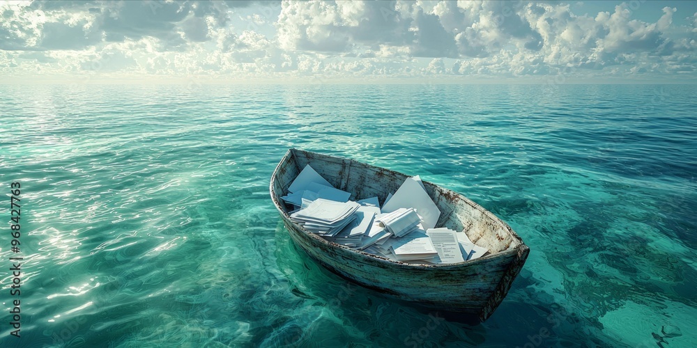 Obraz premium Solitary Boat Adrift on Crystal Clear Turquoise Waters Under Cloudy Skies