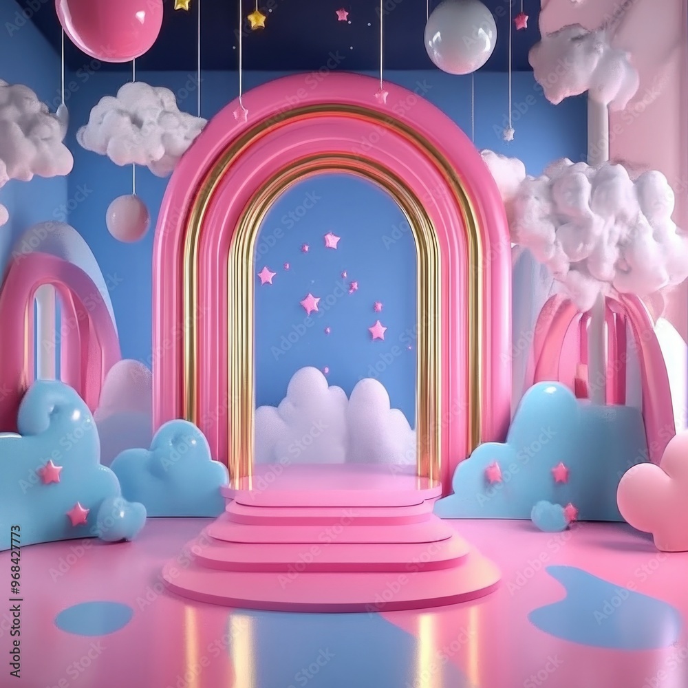 Fototapeta premium Empty 3D cartoon background for kids, colorful landscape, vibrant and playful setting