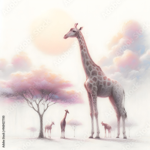 흰 배경, 기린, 파스텔화 (White background, giraffe, pastel painting) photo