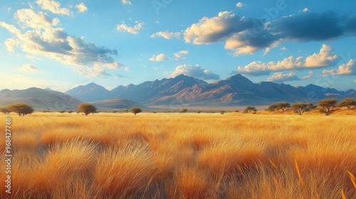 Scenic landscape featuring golden grasslands and distant mountains.