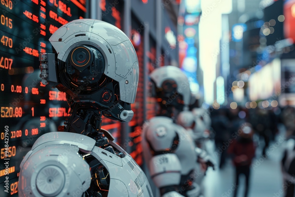 A robot is standing in front of a board with numbers on it A robot is standing in front of a board with numbers on it