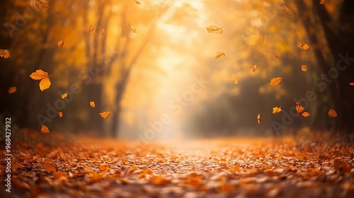 Golden Autumn Leaves Falling on a Forest Path photo