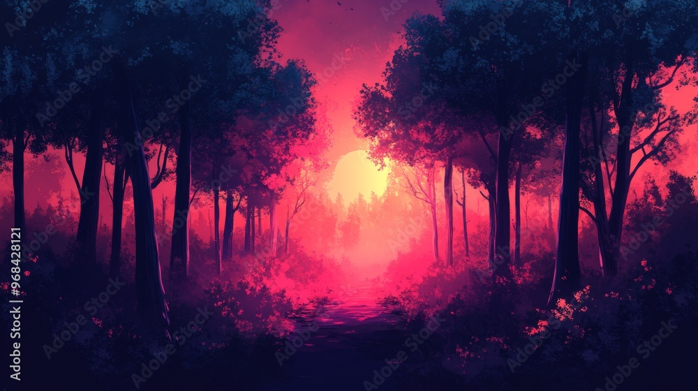 Silhouetted Trees in a Pink and Purple Forest at Sunset Silhouetted Trees in a Pink and Purple Forest at Sunset