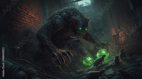 An infected creature with massive claws and a disfigured face lurking in the sewers, its body covered in glowing green boils, with rats scurrying around its feet. photo