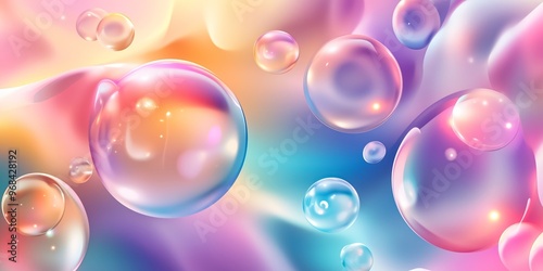 Abstract background with iridescent soap bubbles floating on a colorful background