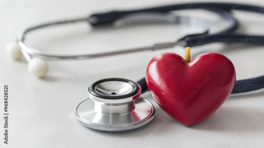 A stethoscope beside a red heart symbol, representing health care, medicine, and compassion in the medical field. A stethoscope beside a red heart symbol, representing health care, medicine, and compassion in the medical field.