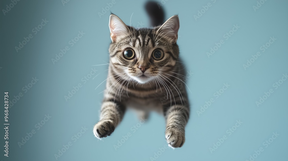 Tabby cat is suspended in the air with its paws outstretched, appearing to fly or jump against a blue background Tabby cat is suspended in the air with its paws outstretched, appearing to fly or jump against a blue background