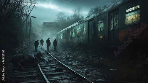 A group of zombies walking through the wreckage of an old train station at night, their rotting bodies casting eerie shadows against the broken glass and debris.