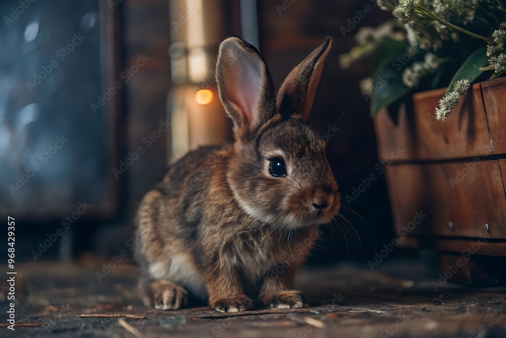 Fototapeta premium Cute Brown Rabbit Sitting on Wooden Surface.