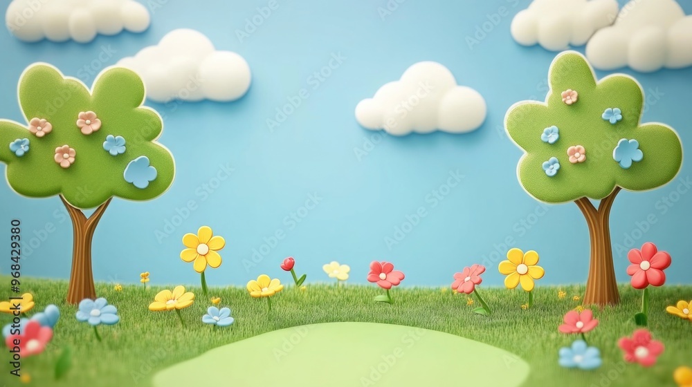Fototapeta premium Empty 3D cartoon background for kids, colorful landscape, vibrant and playful setting