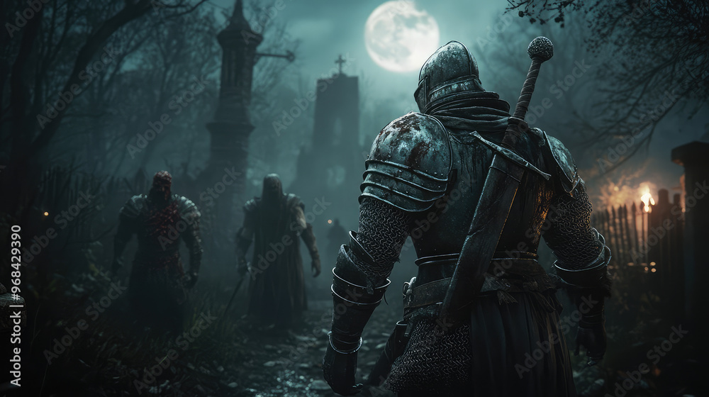 Undead knights rising from their graves at night, their rusty armor clanking as they walk through the overgrown cemetery beneath the full moon. Undead knights rising from their graves at night, their rusty armor clanking as they walk through the overgrown cemetery beneath the full moon.