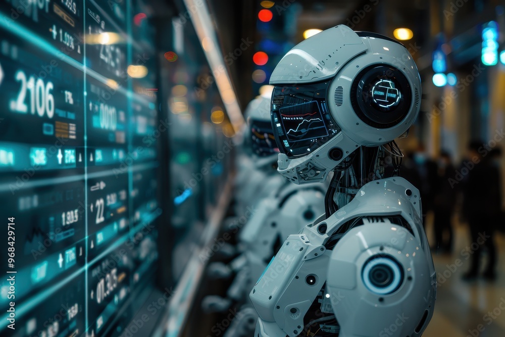 The robot is wearing a helmet and he is looking at the monitor The robot is wearing a helmet and he is looking at the monitor