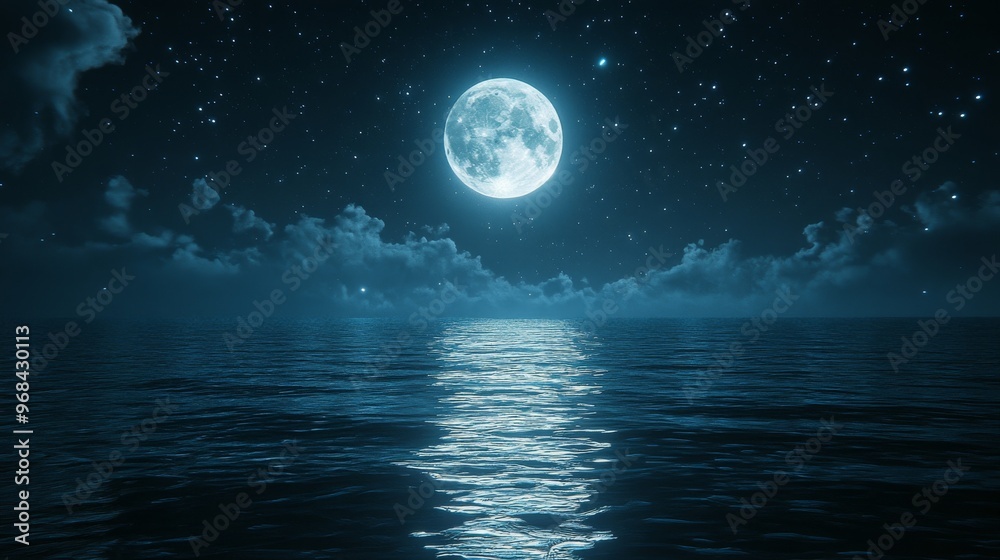 Full Moon Reflecting on the Ocean Surface at Night Full Moon Reflecting on the Ocean Surface at Night