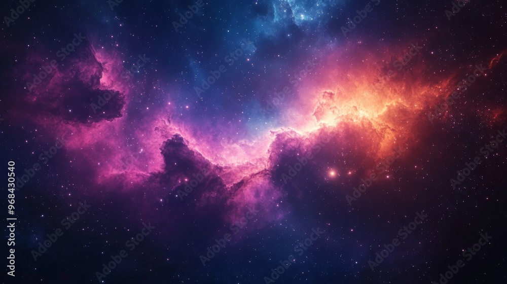 Obraz premium A vibrant nebula with pink, blue, and orange hues surrounded by twinkling stars.