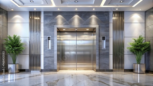 Wallpaper Mural Elegant hotel lobby featuring sleek silver elevator doors Torontodigital.ca