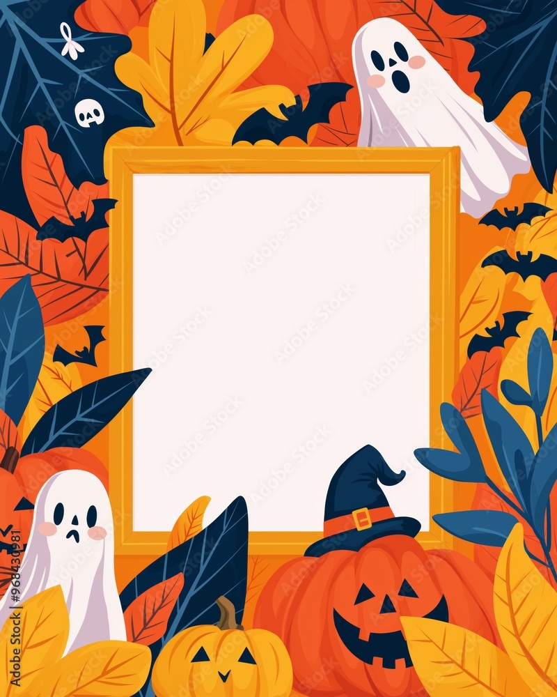 Φωτογραφία Festive Halloween decoration featuring pumpkins, ghosts, and bats surrounded by colorful autumn leaves