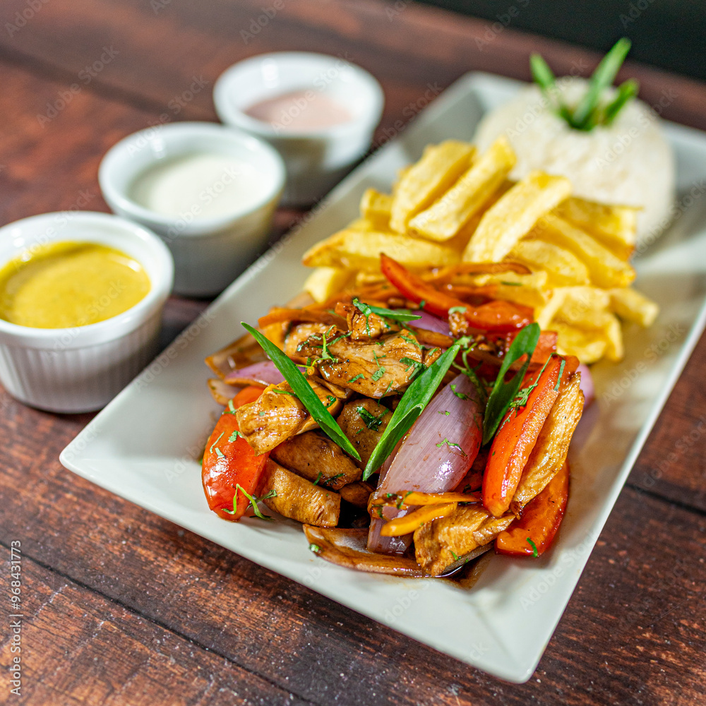 sautéed chicken with french fries and rice, served with homemade creams, peruvian food sautéed chicken with french fries and rice, served with homemade creams, peruvian food