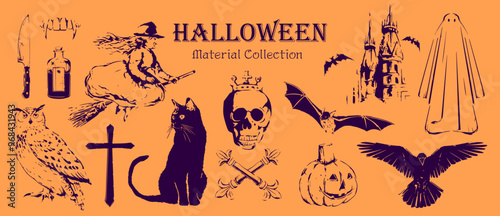 【手描き風】ハロウィン素材集　ゴシックなモノクロベクターイラストセット