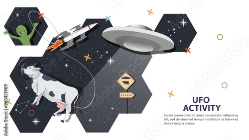 A cow in a spacesuit next to a UFO flying by against the background of space in the form of honeycombs flat childrens doodles