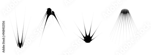 Black thin quirky thorn element set. Abstract sharp shapes and angular sparks bundle. Spooky spokes objects for poster design, flyer, collage, banner, badge, logo, card, icon, label, sticker. Vector