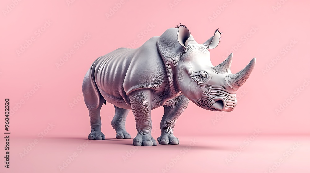 Obraz premium A 3D rhinoceros with a soft pastel background on the right, representing the strength and resilience of these zoo animals