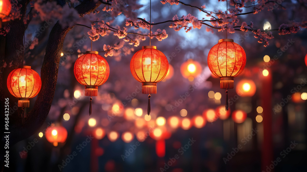Glowing Red Lanterns Adorn a Cherry Blossom Tree at Twilight Illustration Glowing Red Lanterns Adorn a Cherry Blossom Tree at Twilight Illustration
