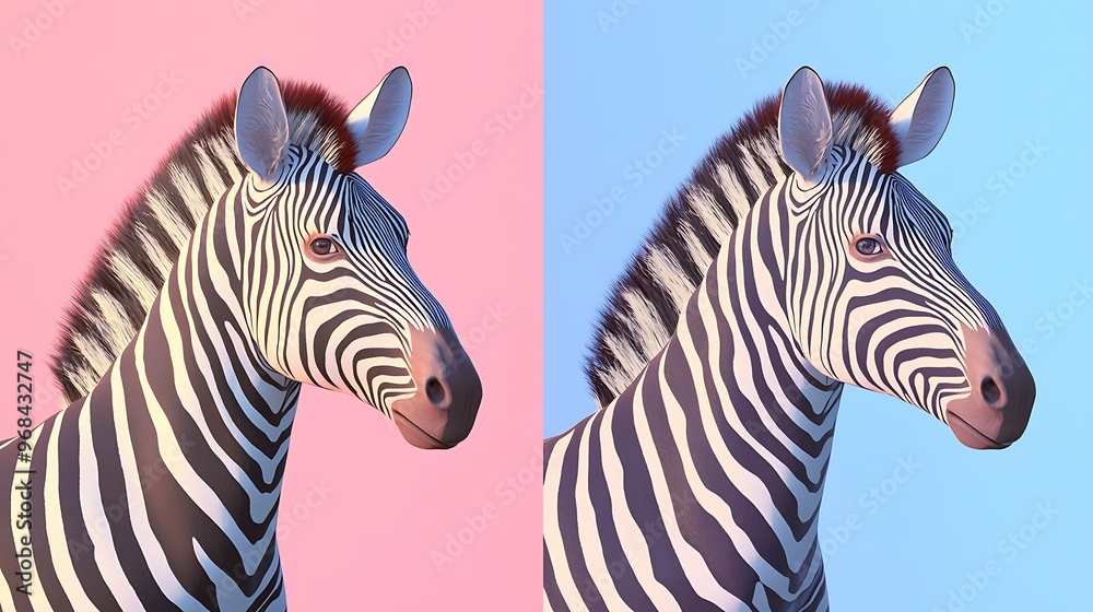 Fototapeta premium A 3D zebra with its distinctive stripes and a soft pastel background on the right, representing the uniqueness of zoo animals,