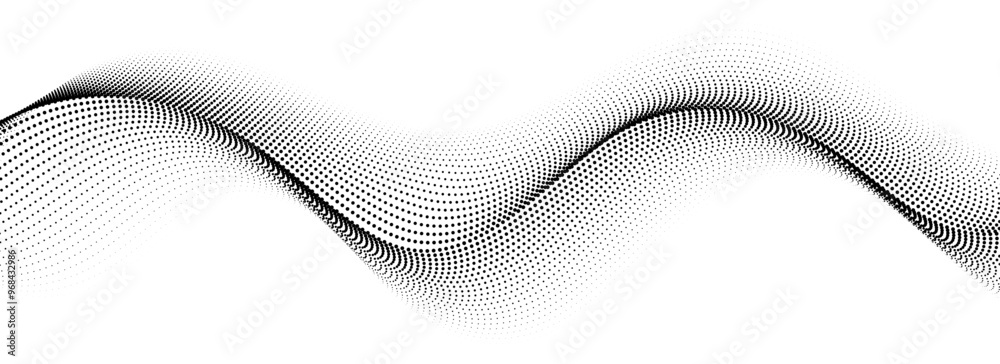Black dotted wave line pattern. Halftone undulate net background. Abstract stipple particle flow wallpaper. Curved dashed gradient element for poser, banner, presentation, booklet, flyer. Vector
