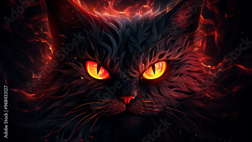 Fiery Glowing-Eyed Cat in a Blaze of Shadows – A Mysterious Gaze, Generative Ai photo